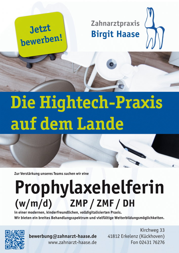 Die Zahnarztpraxis Birgit Haase wirbt mit einem Jobangebot für eine Prophylaxehelferin in einer modernen, digitalisierten Praxis.